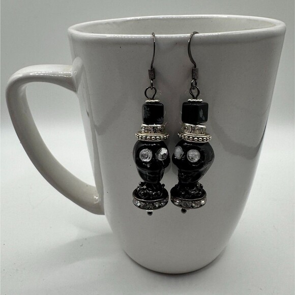 Black Skull Day of the Dead Dia de Muertos Dangle Earrings Halloween Women - Picture 4 of 8